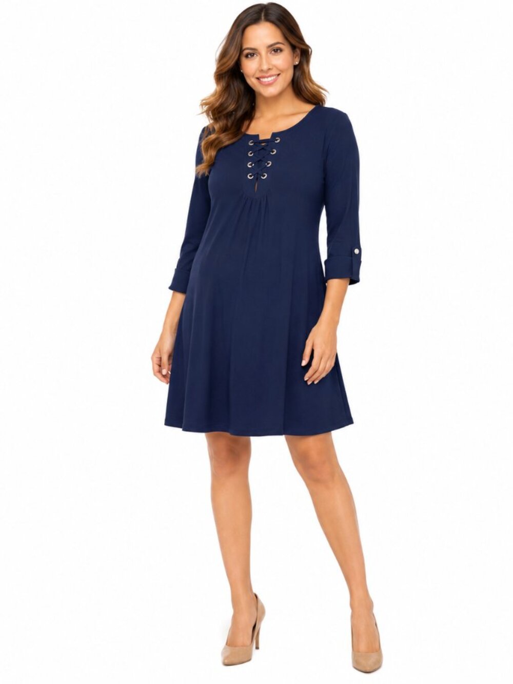 2/$30 New Directions Petites Navy Lace Up Swing Dress 3/4 Sleeve A Line Sz SP